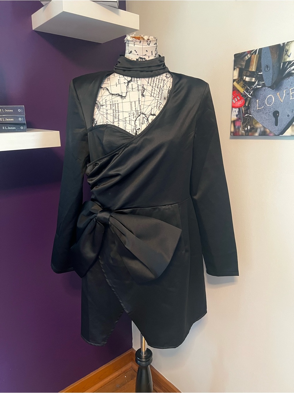 PrettyLittleThing Black Satin Wrap Mini Dress with Bow NWT